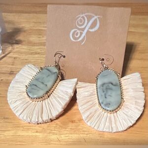Plunder Gray Marble and Cream Fringe Earrings with Gold Accents
